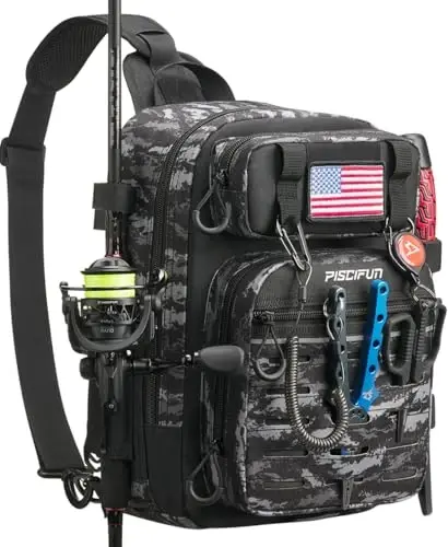 Piscifun Fishing Backpack Tackle Bag with 2 Rod Holders, Multi-Compartment Storage, MOLLE System, Water-Resistant Lightweight Outdoor Pack - 1