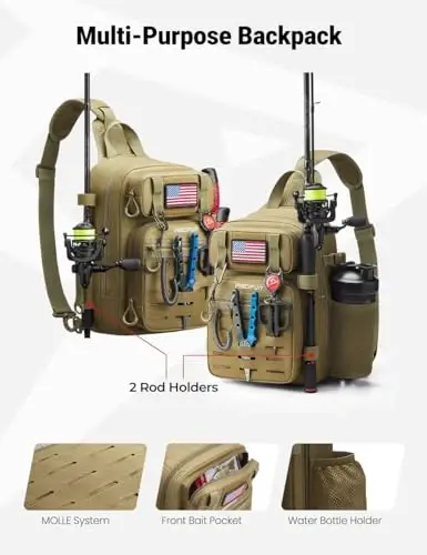 Piscifun Fishing Backpack Tackle Bag with 2 Rod Holders, Multi-Compartment Storage, MOLLE System, Water-Resistant Lightweight Outdoor Pack - 4