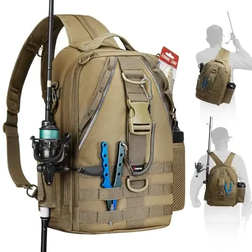Piscifun Fishing Backpack with Rod Holder, Lightweight Sling Bag Storge Gear and Equipment 