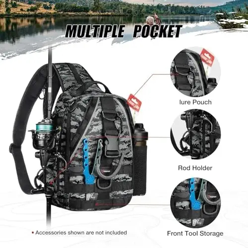 Piscifun Fishing Backpack with Rod Holder, Lightweight Sling Bag Storge Gear and Equipment - 3
