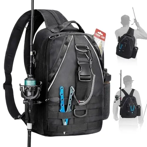 Piscifun Fishing Tackle Backpack with Rod & Gear Holder, Lightweight Outdoor Water-Resistant Fishing Shoulder Storage Bag 
