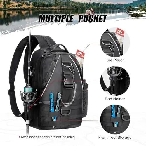 Piscifun Fishing Tackle Backpack with Rod & Gear Holder, Lightweight Outdoor Water-Resistant Fishing Shoulder Storage Bag - 4