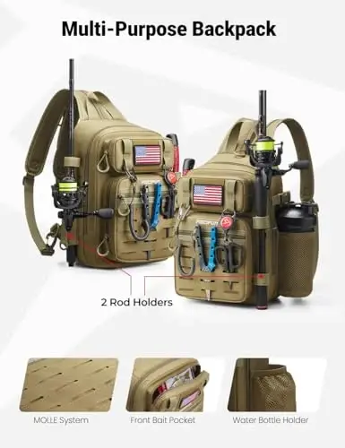 Piscifun Fishing Backpack Tackle Bag with 2 Rod Holders, Multi-Compartment Storage, MOLLE System, Water-Resistant Lightweight Outdoor Pack - 3