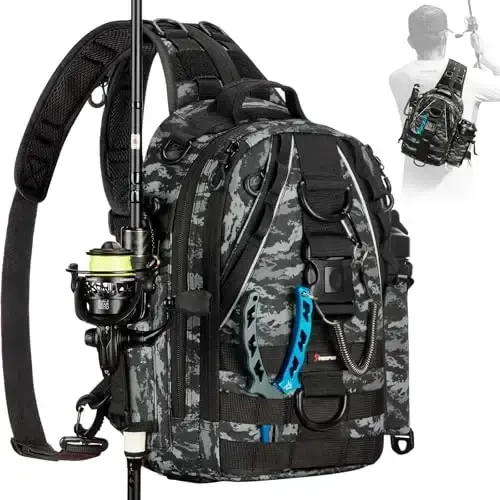 Piscifun Fishing Backpack with Rod Holder, Lightweight Sling Bag Storge Gear and Equipment - PISCIFUN