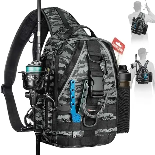 Piscifun Fishing Backpack with Rod Holder, Lightweight Sling Bag Storge Gear and Equipment - PISCIFUN