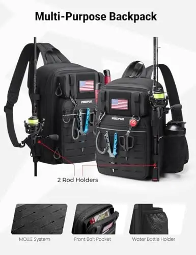 Piscifun Fishing Backpack Tackle Bag with 2 Rod Holders, Multi-Compartment Storage, MOLLE System, Water-Resistant Lightweight Outdoor Pack - 3