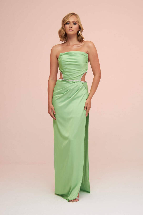 Pistachio Green Satin Strapless Side Slit Long Evening Dress - 1