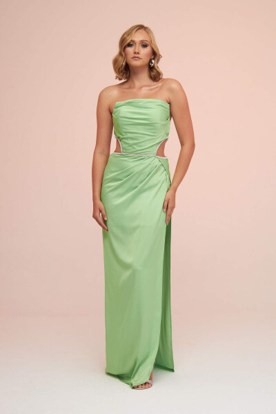 Pistachio Green Satin Strapless Side Slit Long Evening Dress - 6