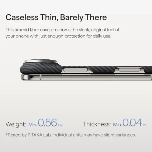 pitaka for iPhone Duo Case, Caseless Feeling, Aramid, Black Grey(Twill) | Barely There Feel Ultra-Slim Case for iPhone Duo, 600D Aramid Fiber Woven, Silky Texture, Compatible with MagSafe - 2