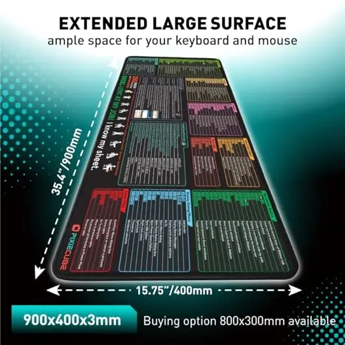 Pixiecube Excel Shortcut Keys Mouse Pad - Extended Large XXL Cheat Sheet Gaming Mousepad | PC Office Spreadsheet Keyboard Mat | Non-Slip Stitched Edge - 3