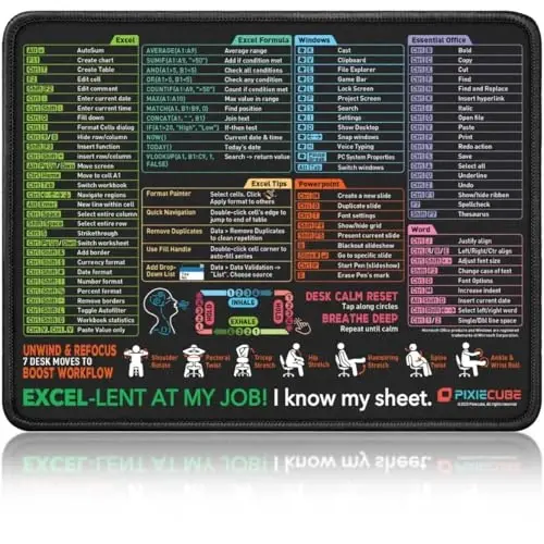 Pixiecube Excel Shortcut Mouse Pad with Windows, Word & PowerPoint Shortcuts - Small Excel Cheat Sheet Desk Pad | Non-Slip Stitched Gaming Mousepad | Large Mouse Pads for Desk Computers & Workstations - PIXIECUBE
