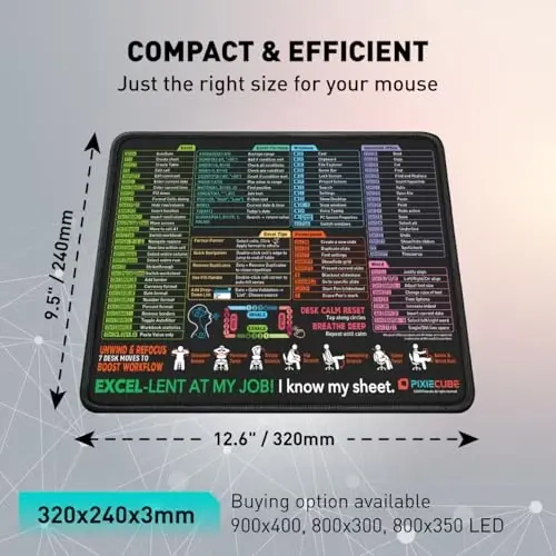 Pixiecube Excel Shortcut Mouse Pad with Windows, Word & PowerPoint Shortcuts - Small Excel Cheat Sheet Desk Pad | Non-Slip Stitched Gaming Mousepad | Large Mouse Pads for Desk Computers & Workstations - 2