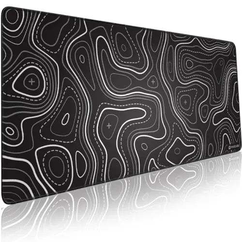 Pixiecube Minimalist Topographic Map Mouse Pad - Contour Extended Large Stitch Edge Mousepad. Black & White Non-Slip XXL Gaming Desk Mat - PIXIECUBE