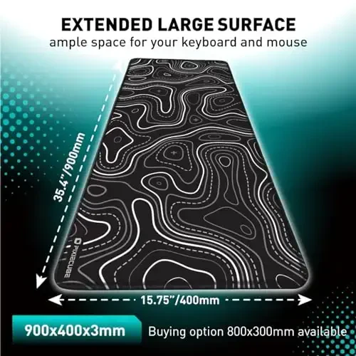 Pixiecube Minimalist Topographic Map Mouse Pad - Contour Extended Large Stitch Edge Mousepad. Black & White Non-Slip XXL Gaming Desk Mat - 3