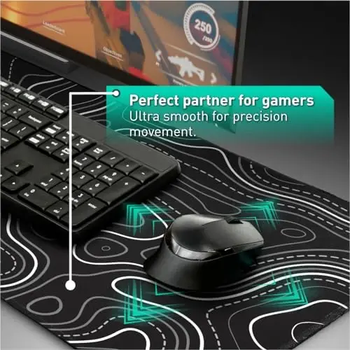 Pixiecube Minimalist Topographic Map Mouse Pad - Contour Extended Large Stitch Edge Mousepad. Black & White Non-Slip XXL Gaming Desk Mat - 5