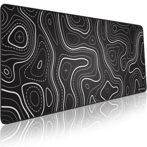 Pixiecube Minimalist Topographic Map Mouse Pad - Contour Extended Large Stitch Edge Mousepad. Black & White Non-Slip XXL Gaming Desk Mat - 1