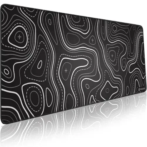Pixiecube Minimalist Topographic Map Mouse Pad - Contour Extended Large Stitch Edge Mousepad. Black & White Non-Slip XXL Gaming Desk Mat - 1