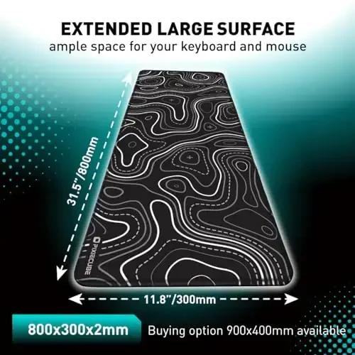 Pixiecube Minimalist Topographic Map Mouse Pad - Contour Extended Large Stitch Edge Mousepad. Black & White Non-Slip XXL Gaming Desk Mat - 3