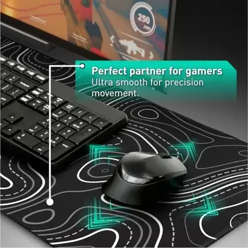 Pixiecube Minimalist Topographic Map Mouse Pad - Contour Extended Large Stitch Edge Mousepad. Black & White Non-Slip XXL Gaming Desk Mat - 5