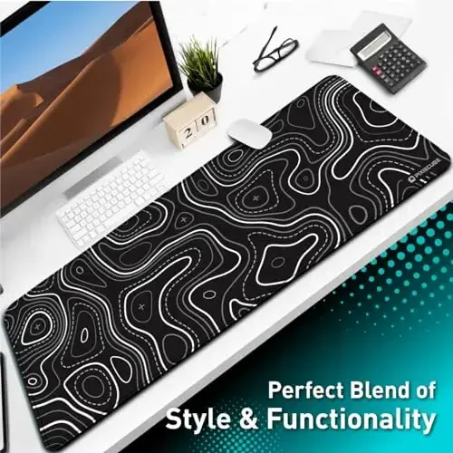 Pixiecube Minimalist Topographic Map Mouse Pad - Contour Extended Large Stitch Edge Mousepad. Black & White Non-Slip XXL Gaming Desk Mat - 6