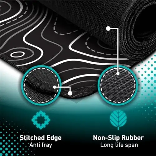 Pixiecube Minimalist Topographic Map Mouse Pad - Contour Extended Large Stitch Edge Mousepad. Black & White Non-Slip XXL Gaming Desk Mat - 2