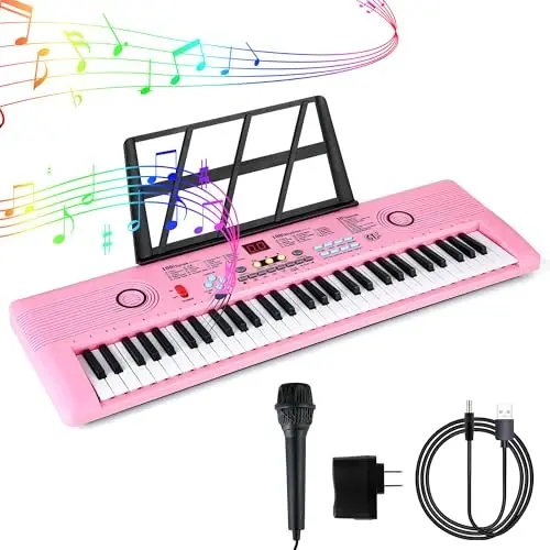Keyboard Piano 61 Key Electric Digital Piano Music keyboard w/Microphone Portable Piano For Kids Beginner Birthday Christmas Gifts Pink - 1