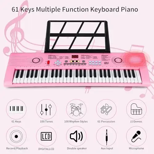 Keyboard Piano 61 Key Electric Digital Piano Music keyboard w/Microphone Portable Piano For Kids Beginner Birthday Christmas Gifts Pink - MODAZONE (1)