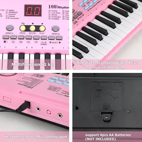 Keyboard Piano 61 Key Electric Digital Piano Music keyboard w/Microphone Portable Piano For Kids Beginner Birthday Christmas Gifts Pink - 5