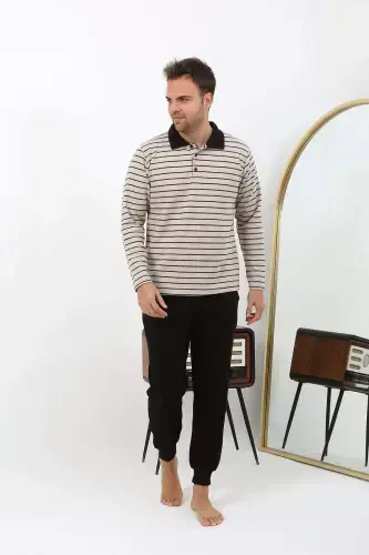 Пижамный комплект Angelino для мужчин с поло и длинными рукавами 6862 Cream - BÜYÜKBEDENIZ (1)
