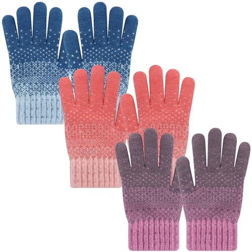 PKWEEN Winter Gloves for Toddler Kids - 3 Pairs Boys Girls Soft Warm Wool Lined Gloves Full Finger Children Knit Gloves - 1