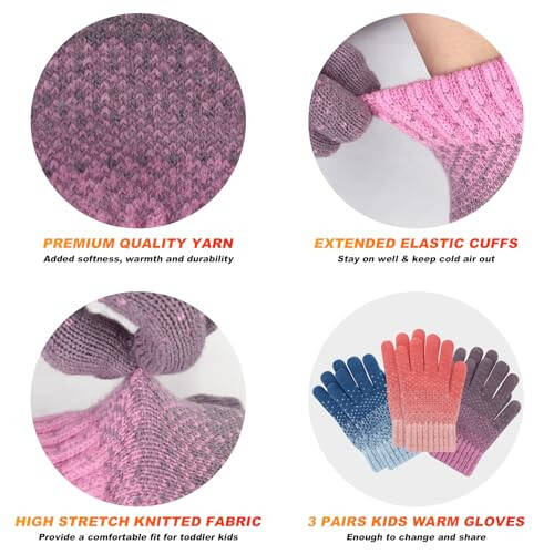 PKWEEN Winter Gloves for Toddler Kids - 3 Pairs Boys Girls Soft Warm Wool Lined Gloves Full Finger Children Knit Gloves - 4