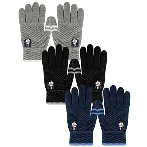 PKWEEN Winter Gloves for Toddler Kids - 3 Pairs Boys Girls Soft Warm Wool Lined Gloves Full Finger Children Knit Gloves - 3
