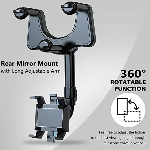 PKYAA Rearview Mirror Phone Holder for Car, 360° Rotating Rear View Mount with Adjustable Arm Length, Multifunctional and GPS Universal Car All Smartphones - PKYAA (1)