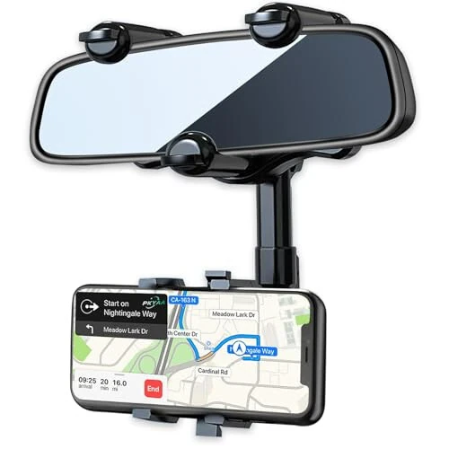 PKYAA Rearview Mirror Phone Holder for Car, 360° Rotating Rear View Mount with Adjustable Arm Length, Multifunctional and GPS Universal Car All Smartphones - PKYAA