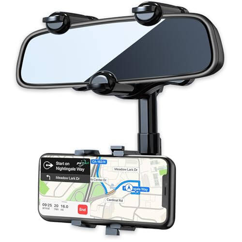 PKYAA Rearview Mirror Phone Holder for Car, 360° Rotating Rear View Mount with Adjustable Arm Length, Multifunctional and GPS Universal Car All Smartphones - 1