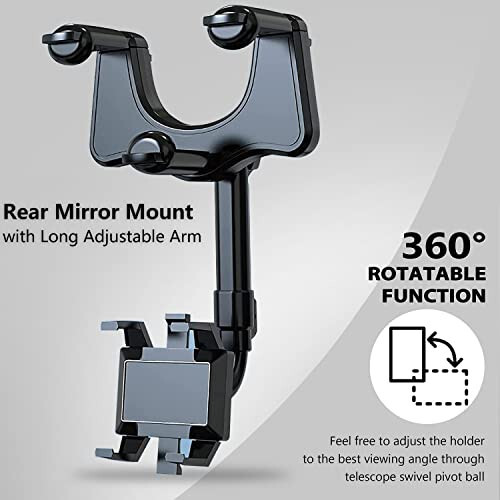 PKYAA Rearview Mirror Phone Holder for Car, 360° Rotating Rear View Mount with Adjustable Arm Length, Multifunctional and GPS Universal Car All Smartphones - 2