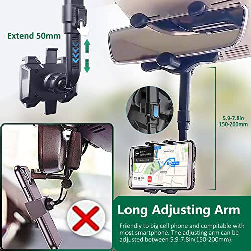 PKYAA Rearview Mirror Phone Holder for Car, 360° Rotating Rear View Mount with Adjustable Arm Length, Multifunctional and GPS Universal Car All Smartphones - 4