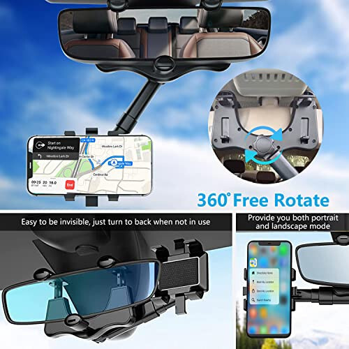 PKYAA Rearview Mirror Phone Holder for Car, 360° Rotating Rear View Mount with Adjustable Arm Length, Multifunctional and GPS Universal Car All Smartphones - 5