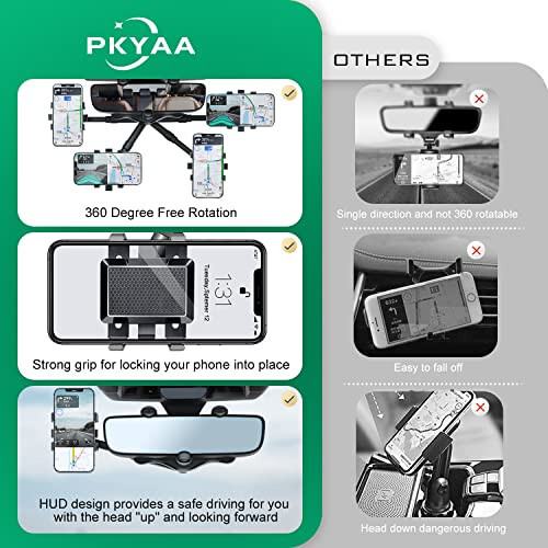 PKYAA Rearview Mirror Phone Holder for Car, 360° Rotating Rear View Mount with Adjustable Arm Length, Multifunctional and GPS Universal Car All Smartphones - 6