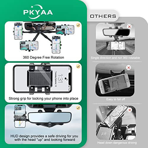 PKYAA Rearview Mirror Phone Holder for Car, 360° Rotating Rear View Mount with Adjustable Arm Length, Multifunctional and GPS Universal Car All Smartphones - 6