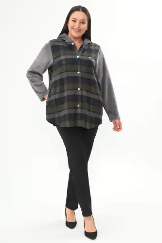 Plaid Buttoned Patch Pocket Khaki Jacket - 1