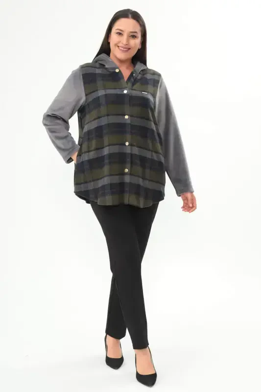 Plaid Buttoned Patch Pocket Khaki Jacket - BÜYÜKBEDENIZ