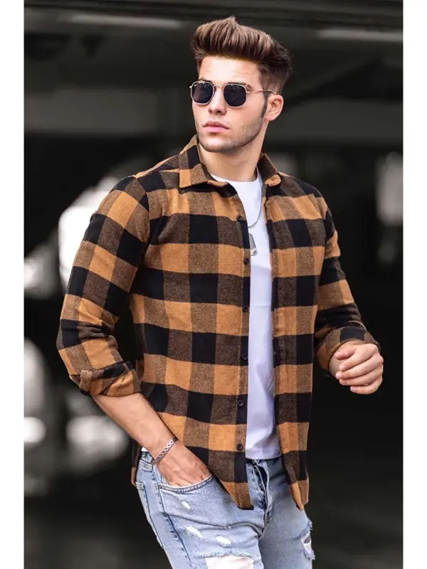 Plaid Camel Lumberjack Shirt 4664-Beige - 1