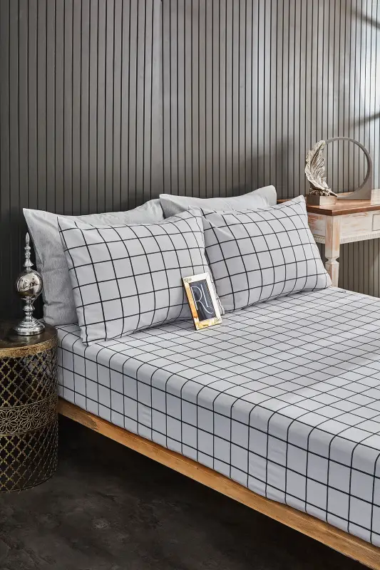 Plaid Double Fitted Sheet + 2 Pillowcases 160x200-White Plaid - 2