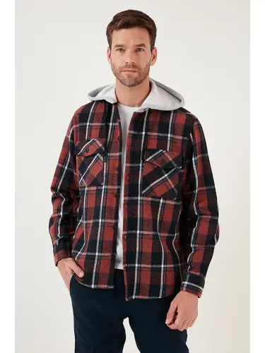 Plaid Double Pocket Hooded Lumberjack Men's Shirt CF22W2650-Brown - 1