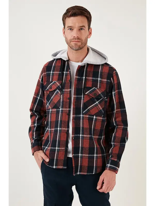 Plaid Double Pocket Hooded Lumberjack Men's Shirt CF22W2650-Brown - 1