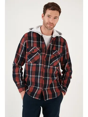 Plaid Double Pocket Hooded Lumberjack Men's Shirt CF22W2650-Brown - 2