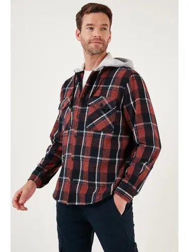 Plaid Double Pocket Hooded Lumberjack Men's Shirt CF22W2650-Brown - 4