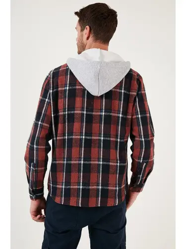 Plaid Double Pocket Hooded Lumberjack Men's Shirt CF22W2650-Brown - 5