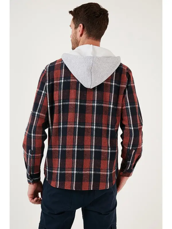 Plaid Double Pocket Hooded Lumberjack Men's Shirt CF22W2650-Brown - 5